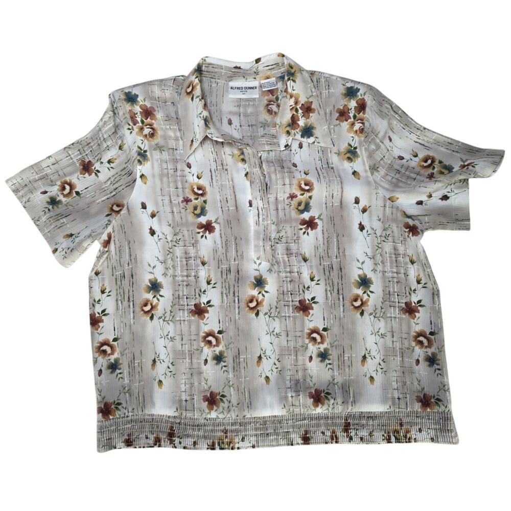 Alfred Dunner Petite 16P Floral Button Up Blouse Short Sleeve Top Beige